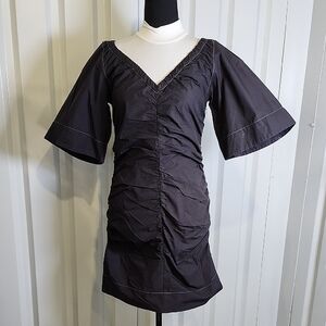 Ganni Black Ruched Mini Dress Cotton Poplin Size EU 36 US 4